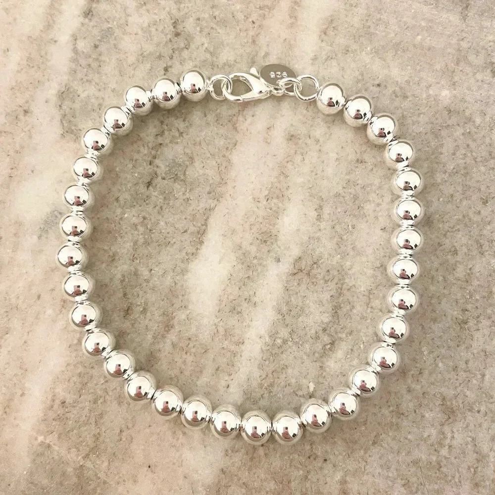 925 Sterling Silver Bead Bracelet 6 MM Ball Bracelet Large Round Bracelet